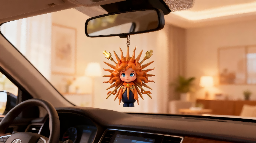 jimeng-2025-12-29-7608-参考图1的IP形象,IP形象的车载挂件,挂在汽车后视镜上,随着车辆轻微摆动,车内...